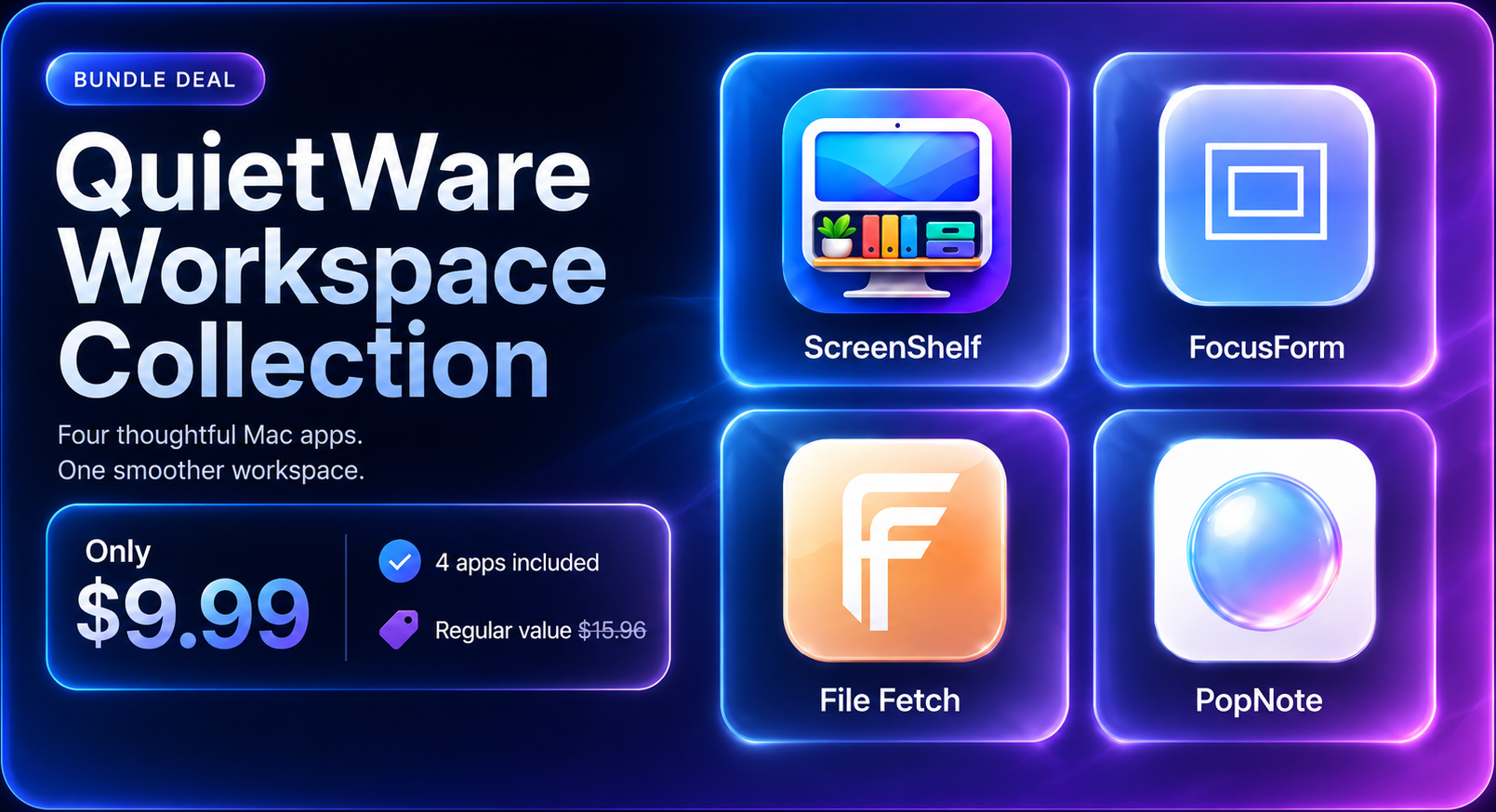QuietWare Workspace Collection promotional banner with focused Mac utilities