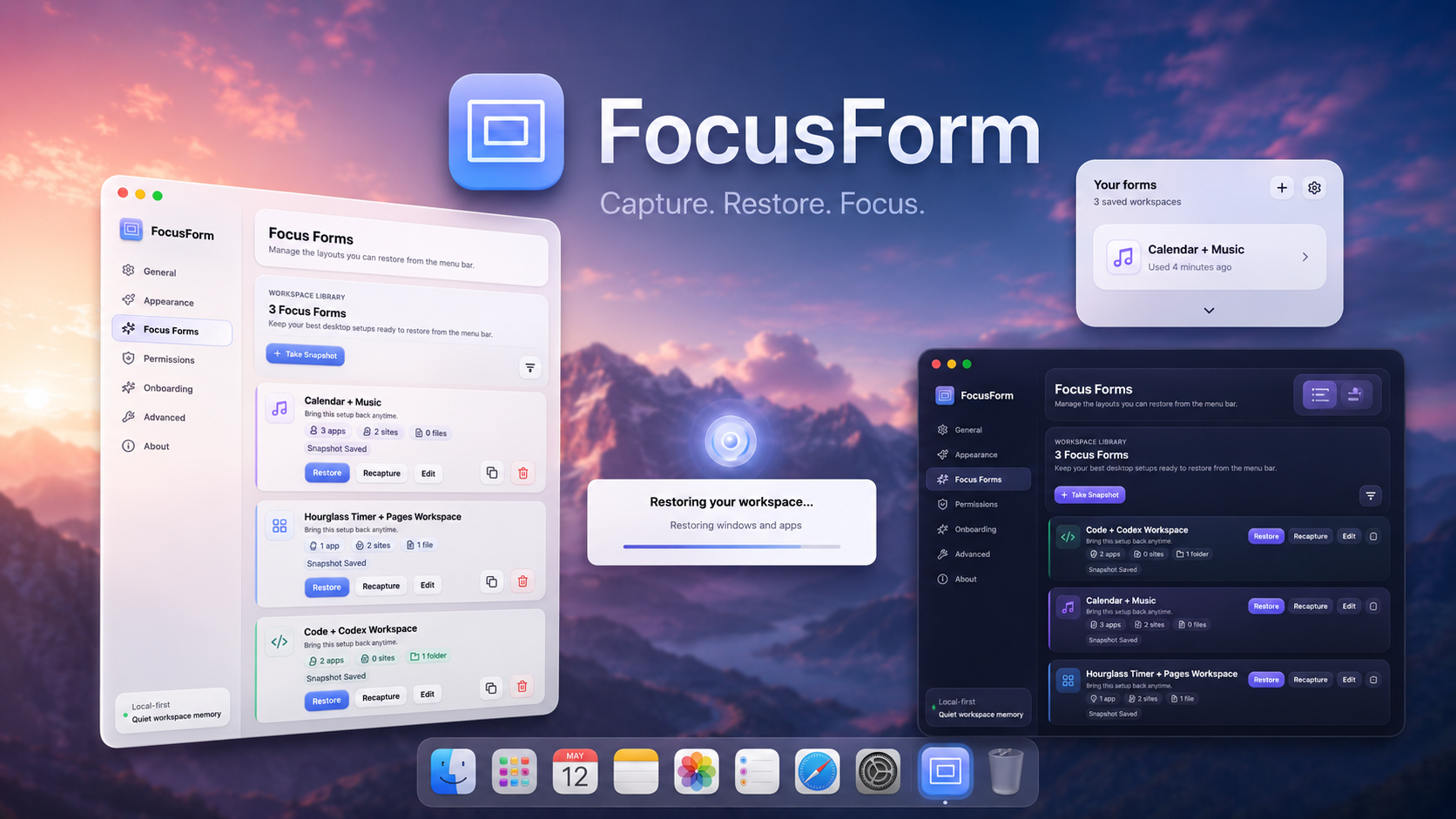 FocusForm workspace snapshots being saved and restored on a Mac desktop