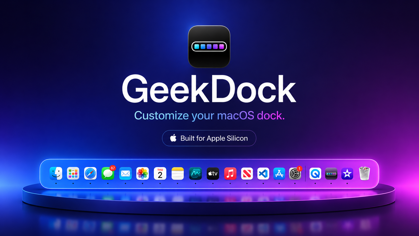 GeekDock interface showing Dock color and gradient customization on macOS