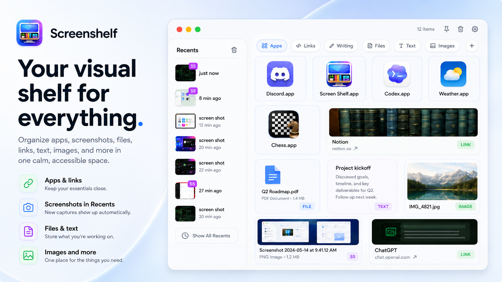 ScreenShelf visual workspace shelf holding files, screenshots, links, and notes on macOS