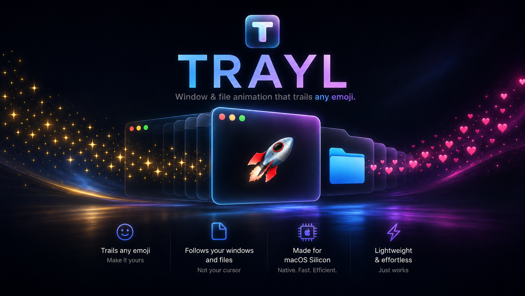 TRAYL emoji trails following windows across a Mac desktop