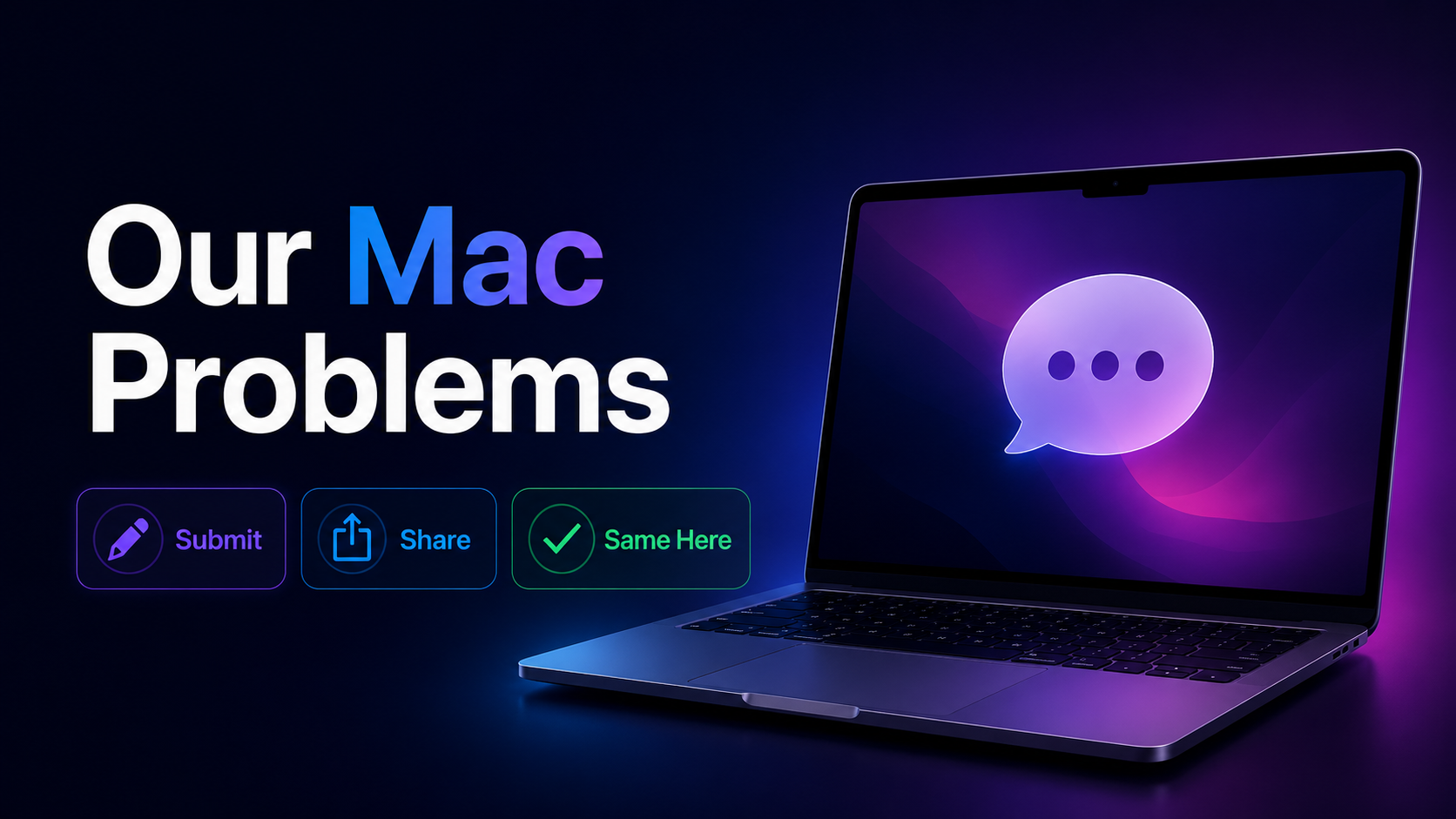 Our Mac Problems displayed beside a MacBook